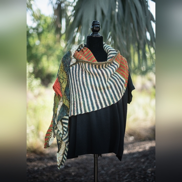 Shawl Large Striped Lace Green Red Yellow Hand Knit Wrap - Picture 5 of 15